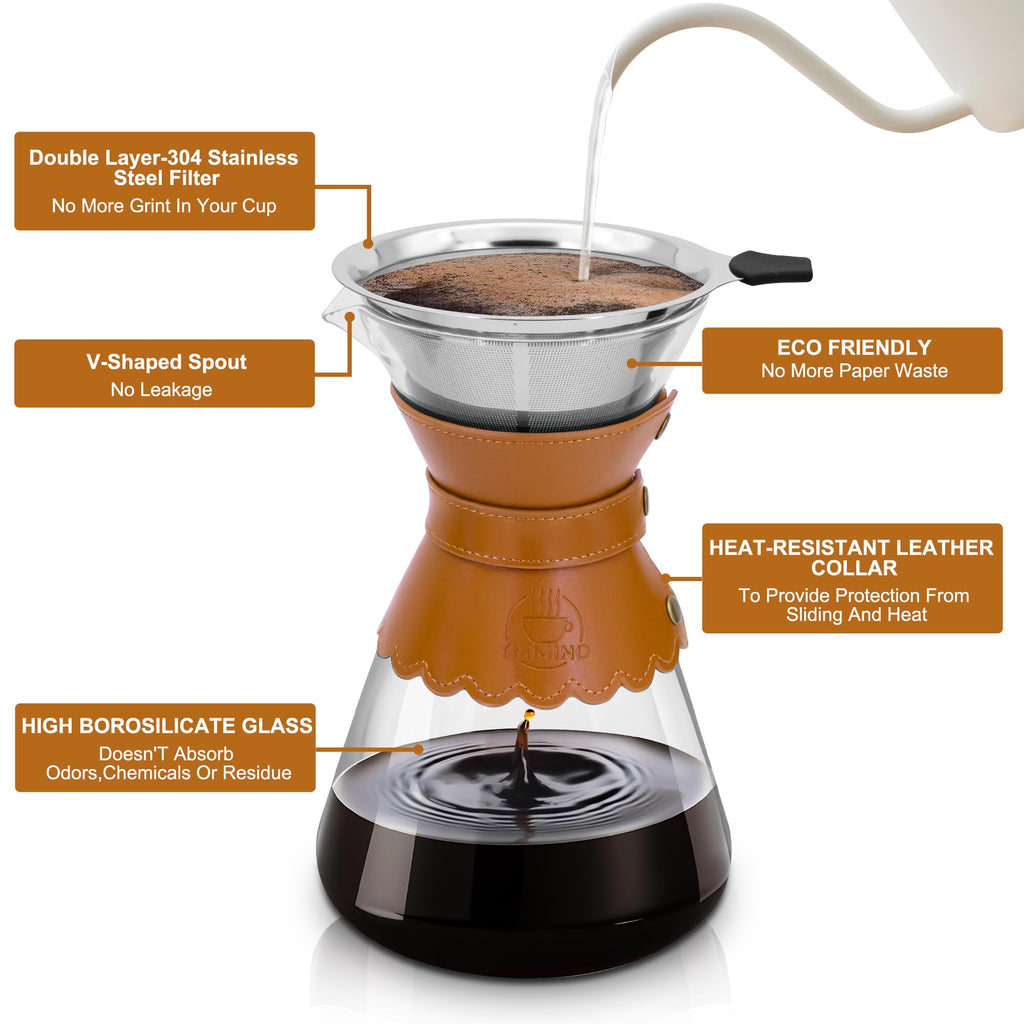 YMMIND 34oz Pour Over Coffee Maker with Double Layer Stainless Steel Filter, Borosilicate Glass Dripper, Detachable Heat-Resistant Leather Pad 7-8 Cups Coffee Maker Carafe（Light brown）