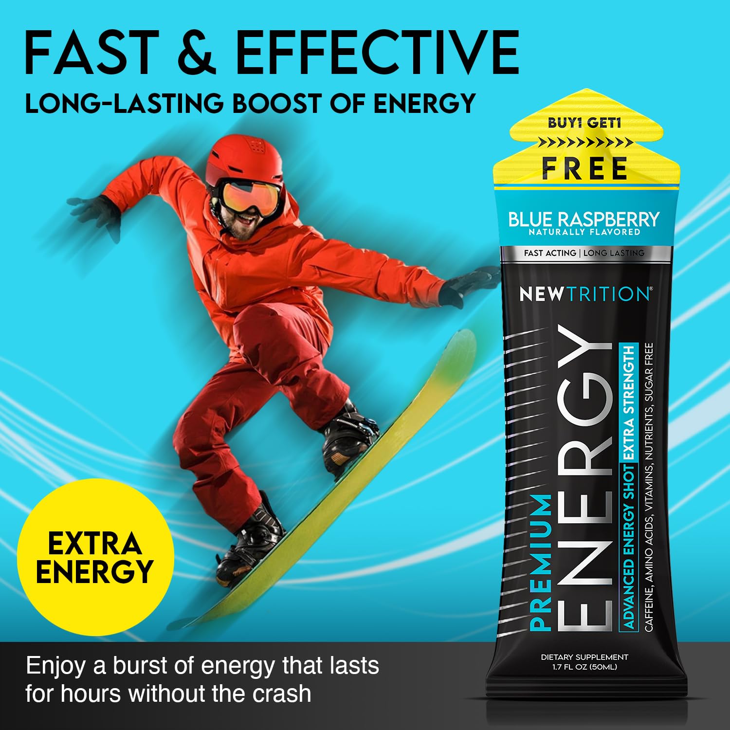NewTrition® Extra Strength Energy Shots, 1.7 fl oz - 250mg Caffeine with Vitamin B & Amino Acids, Sugar-Free, Zero Calorie Vitamin Energy Drink for Focus & Endurance (Pack of 6, Blue Raspberry)