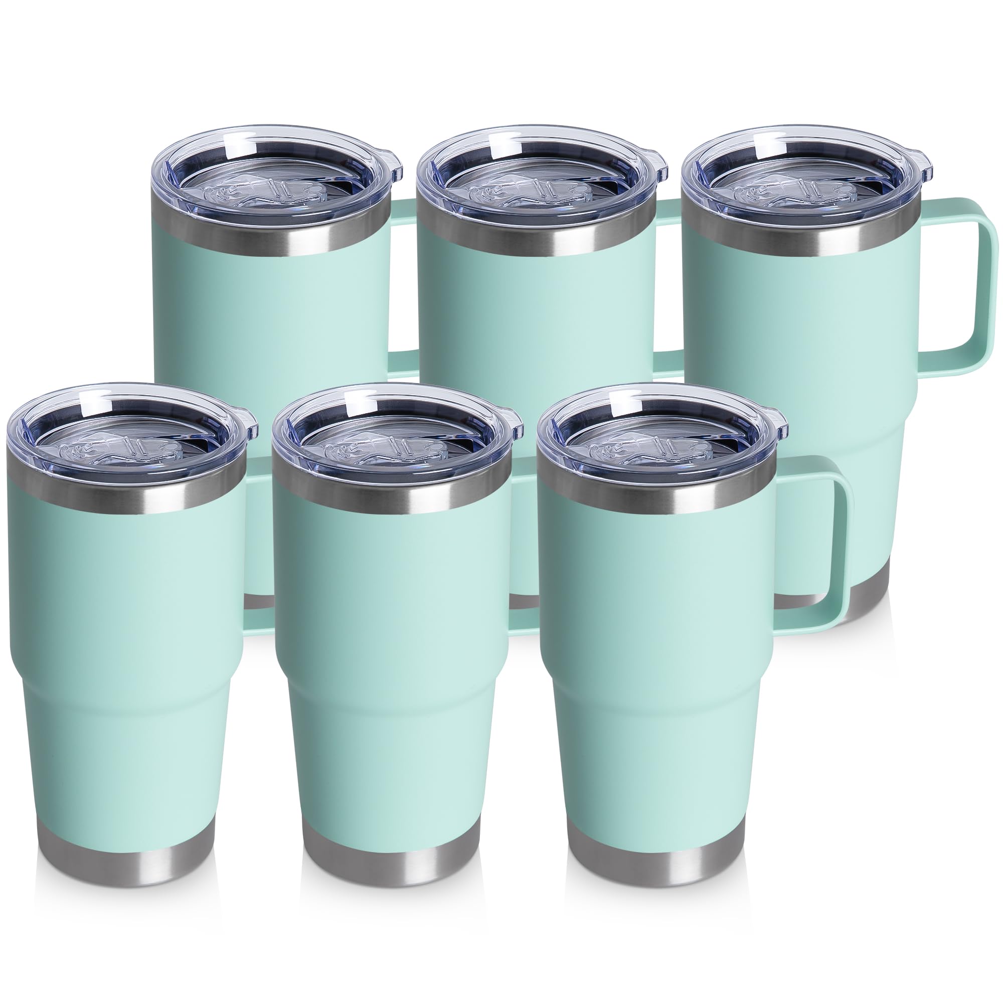 20oz Tumbler Bulk with Lid, Stainless Steel Tumbler Bulk with Handle, Metal Insulated Travel Coffee Mug Set with Handle, Double Wall Vacuum Leak Proof Tumbler Cup, Mint Green 6 Pack