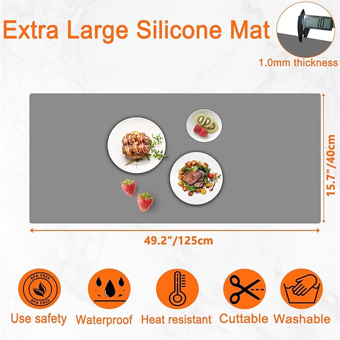 49.2''x15.7''(125cmx40cm) Extra Large Silicone Mat, Silicone Mats for Kitchen Counter, Heat Resistant Mats, Kitchen Island Countertop Protector, Waterproof Placemat, Dark Gray