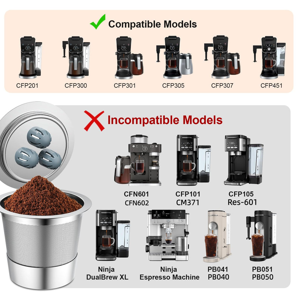 Stainless Steel Reusable Coffee Filter Compatible with Coffee Maker, Reusable Coffee Pods with 4 Cone Coffee Filters, Reusable Coffee Filters for Ninja CFP201 CFP300 CFP301 CFP307