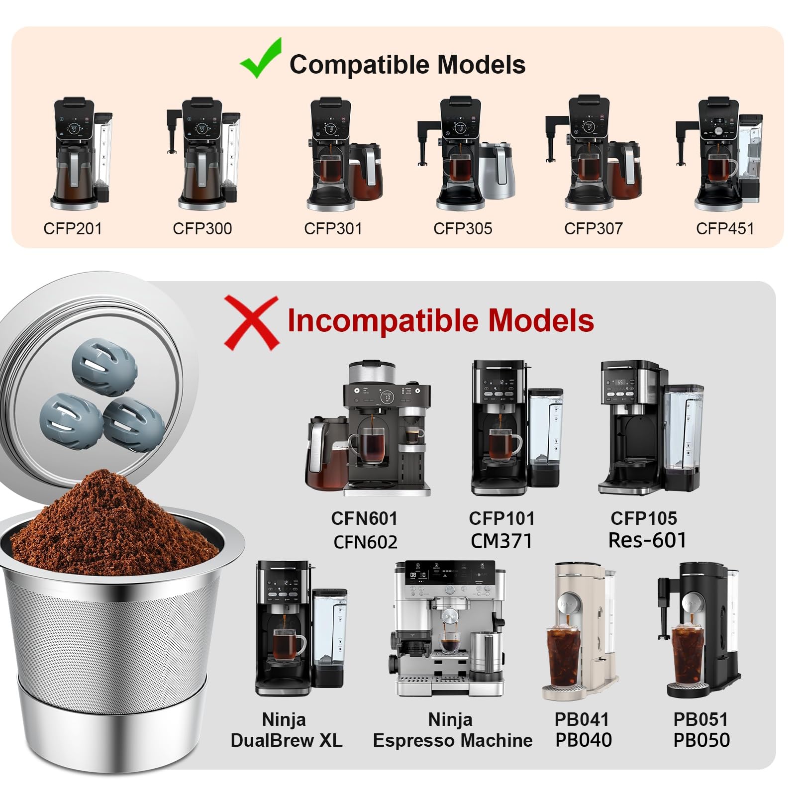 Stainless Steel Reusable Coffee Filter Compatible with Coffee Maker, Reusable Coffee Pods with 4 Cone Coffee Filters, Reusable Coffee Filters for Ninja CFP201 CFP300 CFP301 CFP307