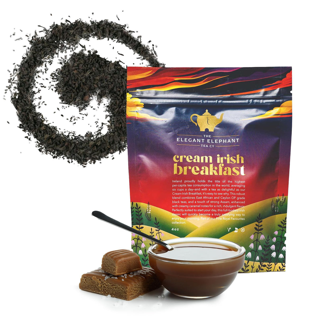 Cream Irish Breakfast Tea, Loose Leaf Black Tea – Irish Classic with Caramel & Strong Assam – Robust, Full-Bodied – Drink Hot or Iced – 4 oz Resealable Bag (Makes 50 Cups) – The Elegant Elephant
