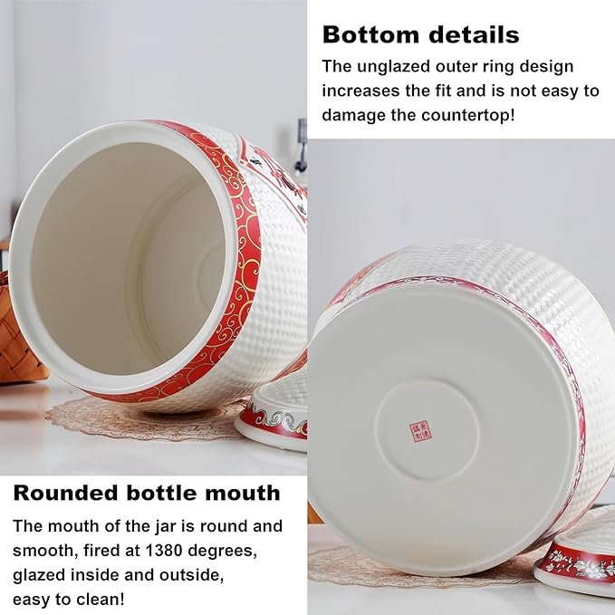 Traditional Chinese Style Large-Capacity Rice Pot, Ceramic Rice Bucket With Tassel Design, Airtight Storage Container For Rice, Grain, Snacks, Dry Foods