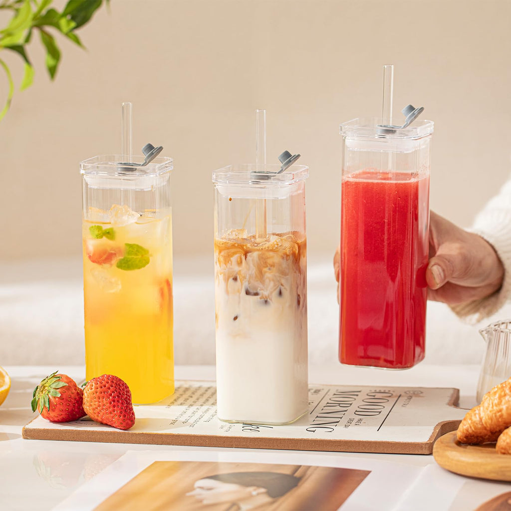 KEMORELA 12 Sets Square Drinking Glass Cups with Lids & Straws, 17 Oz Clear Highball Glasses for Cocktail, Iced Coffee, Juice, Beer - Modern Glass Tumblers