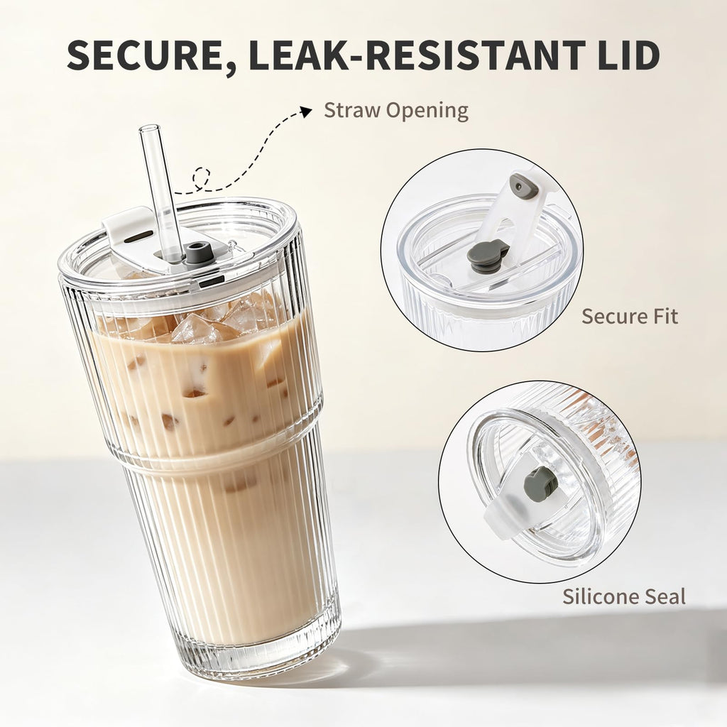 Salpae 20oz Iced Coffee Cups with Lids and Straws, Ribbed Glass Tumblers