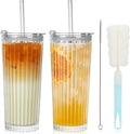 18oz Ribbed Glass Tumbler with Lid and Straw Set of 2: Leak-Proof Drinking Glasses to Go, Reusable Iced Coffee Cups for Cold Drinks, Juice, Smoothie, Glass Cups with Stylish Ribbed Design