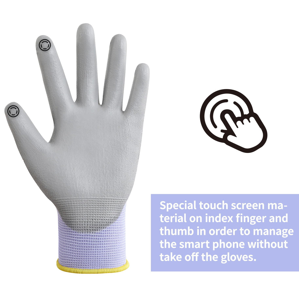 DULFINE Touchscreen Work Gloves for Women 12 Pairs, PU Coated Purple L