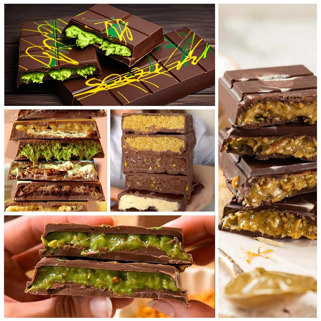 FUNBAKY Dubai Silicone Chocolate Bar Mold - 1-Inch Deep Cavities, Large Thick Candy Bar Mold, Ideal for Filling Pistachio Chocolate, Includes Scraper, 2 Pack