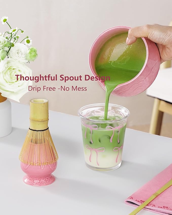 ZENS Pink Matcha Set, Matcha Whisk Set Includes 15oz Ceramic Bowl and Matcha Cup for Bamboo Whisk, (Chasen Holder), Scoop, Sifter and Tea Towel, 7pcs Matcha Kit for Matcha Lovers