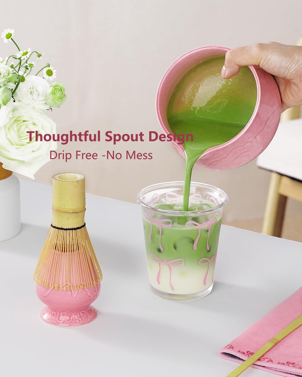 ZENS Premium Matcha Whisk Set, 6pcs Matcha Kit with Matcha Tools, Pink