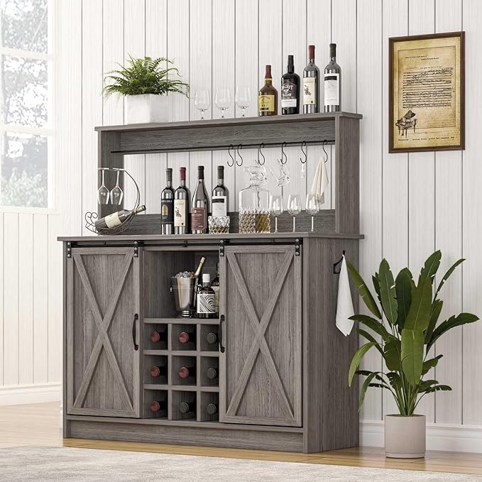 4ever2buy Farmhouse Coffee Bar Cabinet with Sliding Barn Doors, 50 Inch Coffee Bar Hutch with 6 Hooks and 9 Mug Rack, Hutch Cabinet with Storage for Living Room, Wash Grey