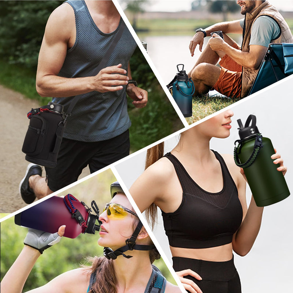64oz Insulated Water Bottle with Straw & Auto Spout Lid - (Cold 48H & Hot 24H) Half Gallon Stainless Steel Water Jug with Paracord Handle, Metal Tactical Military Water Flask with Carrier Strap Bag