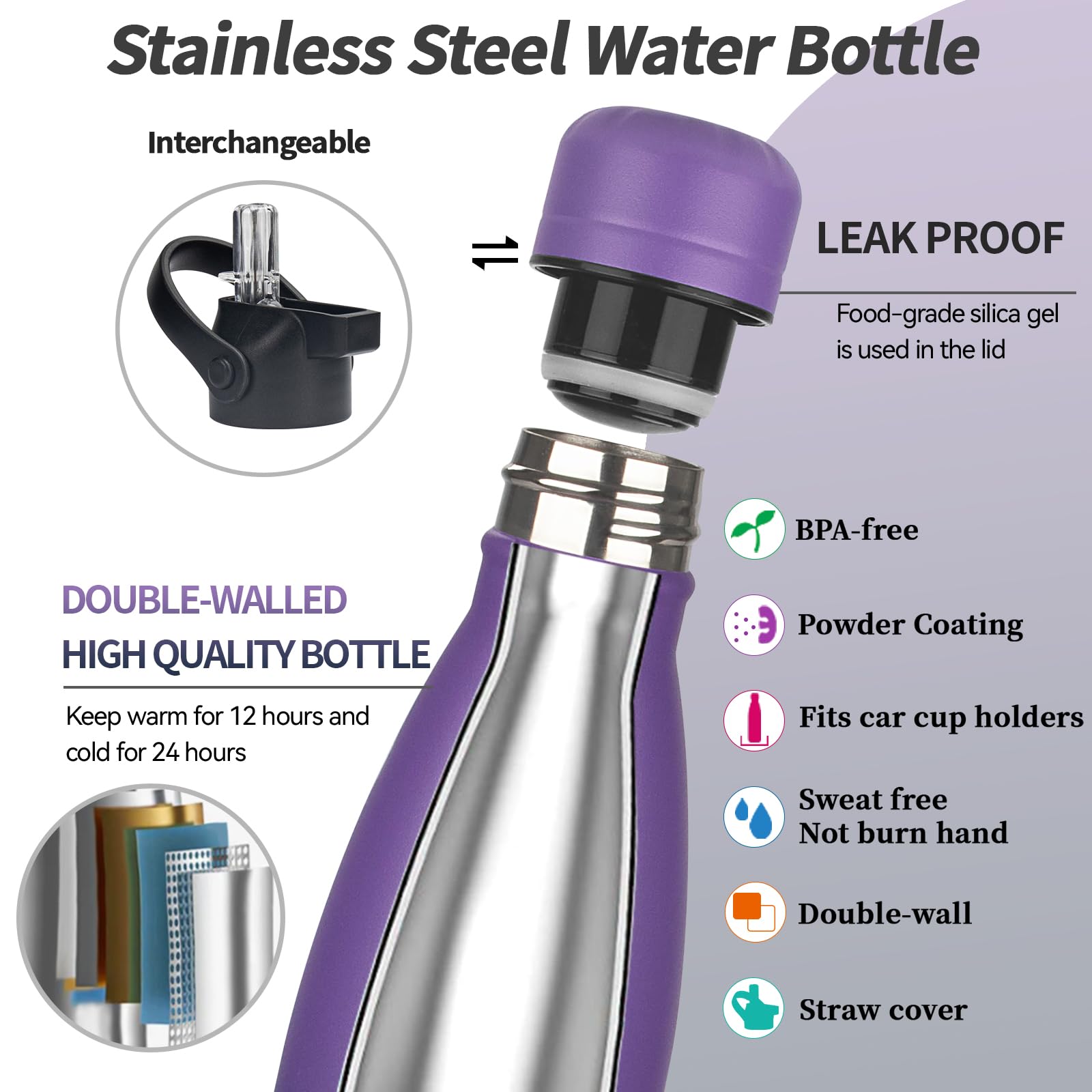 Insulated Water Bottle, 2 Pack-17oz Stainless Steel Water Bottles with straw lid, Metal Sports Water Bottles for Boys,Girls, Double Wall Vacuum BPA-Free Flask for School (Purple-Ocean Dream)