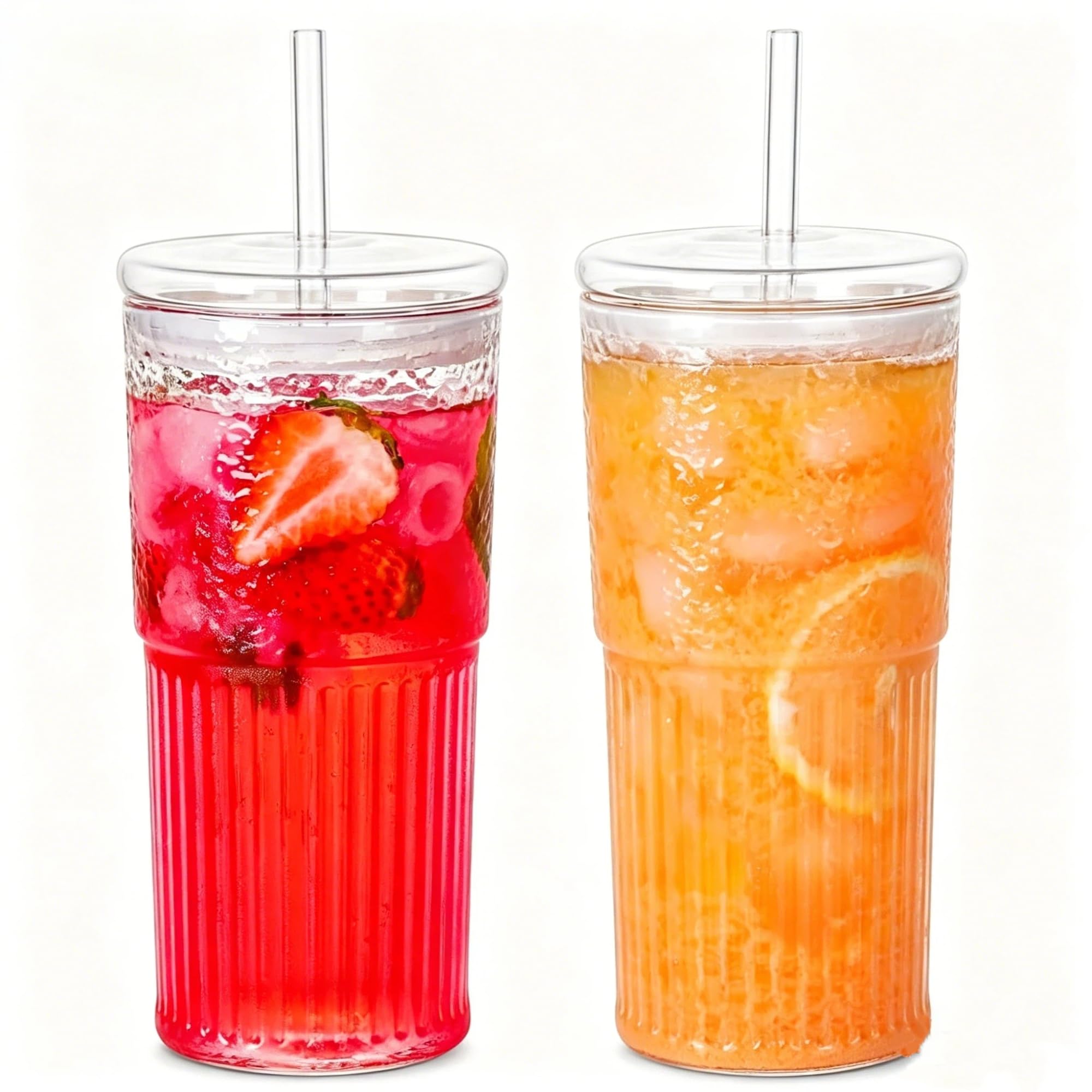 QWEZXO Glass Cups With Lids and Glass Straws，20 OZ High Borosilicate Glass Tumbler Iced Coffee Water Smoothie…