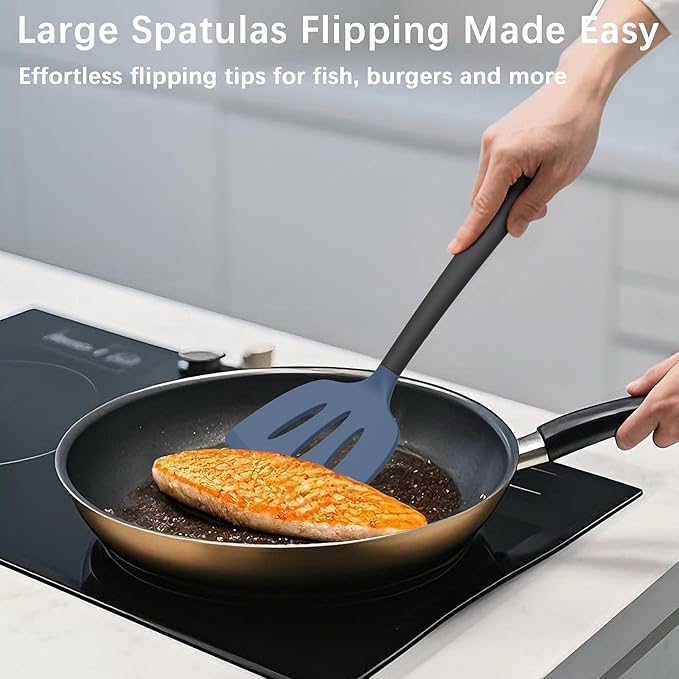 Coukre Silicone Spatula Set of 3, High Heat Resistant, BPA-Free, Kitchen Utensils, Fish Spatula, Solid & Slotted Turner for Non-Stick Pans, Flipping Eggs, Pancakes, Fish, Burgers (3, DarkBlue)