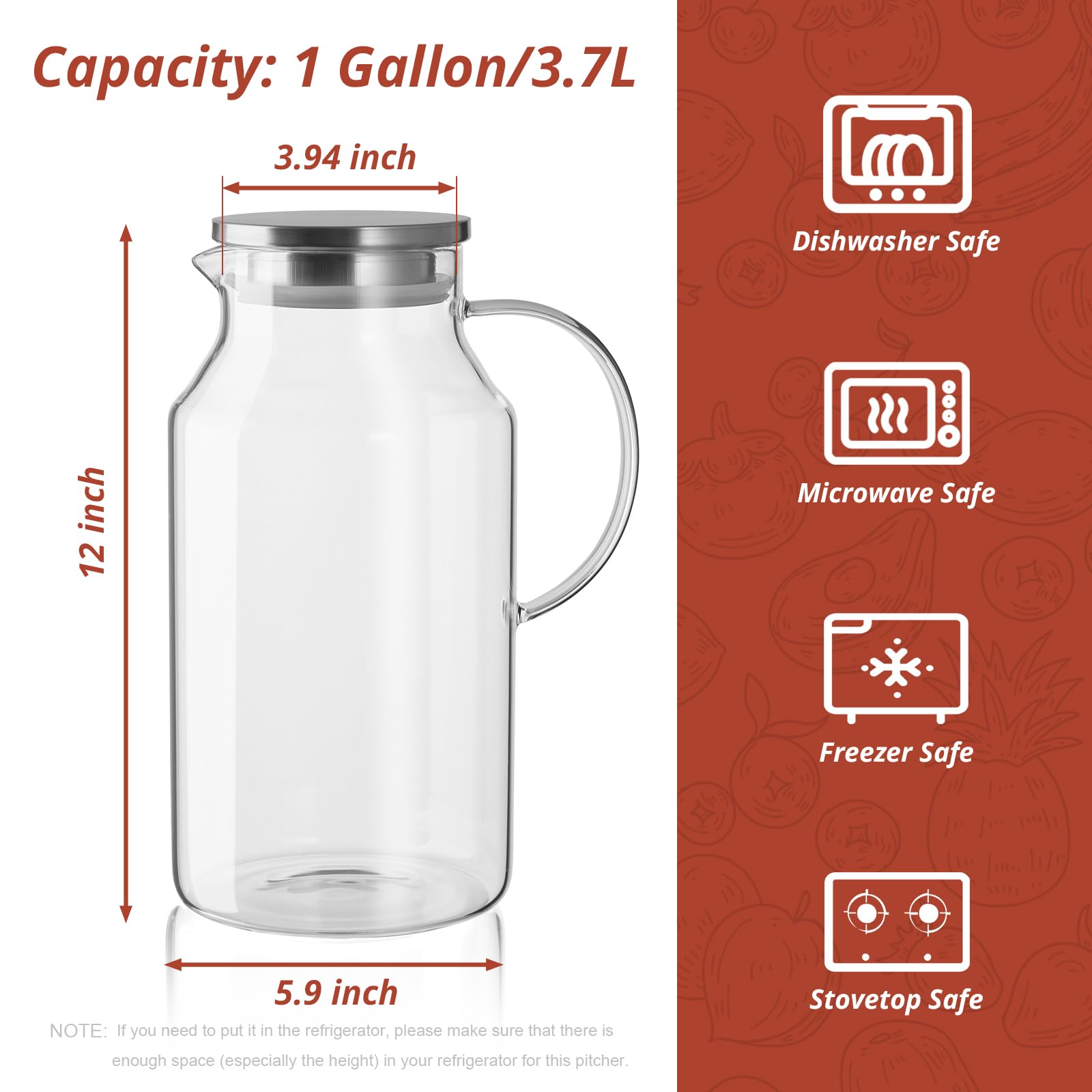 CMLKLZD 1 Gallon Glass Pitcher with Lid and Handle, Glass Water Carafe for Hot/Cold Water, Large Jug for Iced Tea, Coffee, Juice and Homemade Beverage