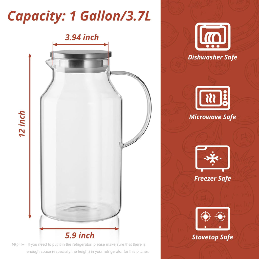 CMLKLZD 1 Gallon Glass Pitcher with Lid and Handle, Glass Water Carafe for Hot/Cold Water, Large Jug for Iced Tea, Coffee, Juice and Homemade Beverage