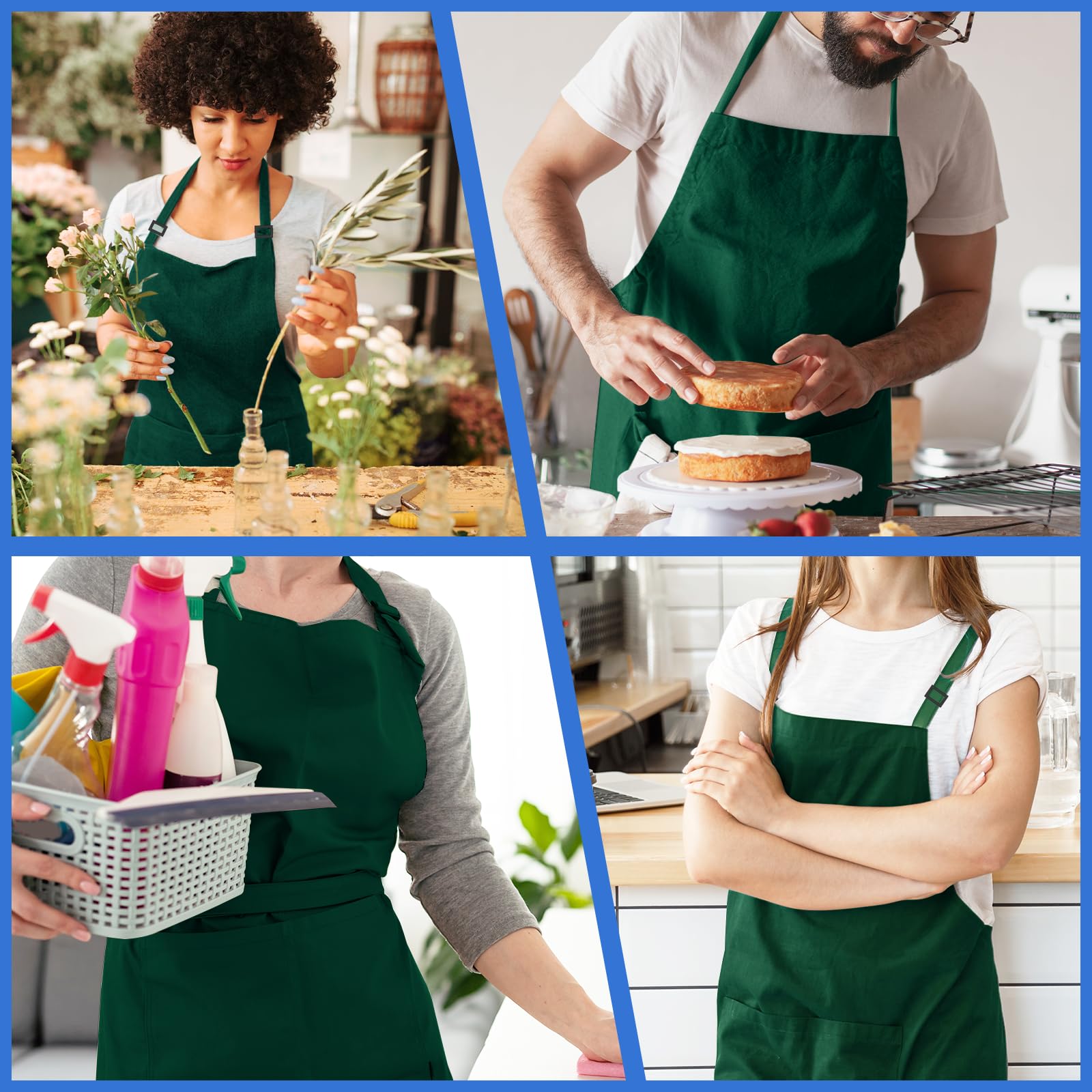 FunChaos 4 Pack Chef Apron, Adjustable Apron with 2 Pockets, Unisex Personalised Apron for Cooking, Kitchen, Restaurant (Green)