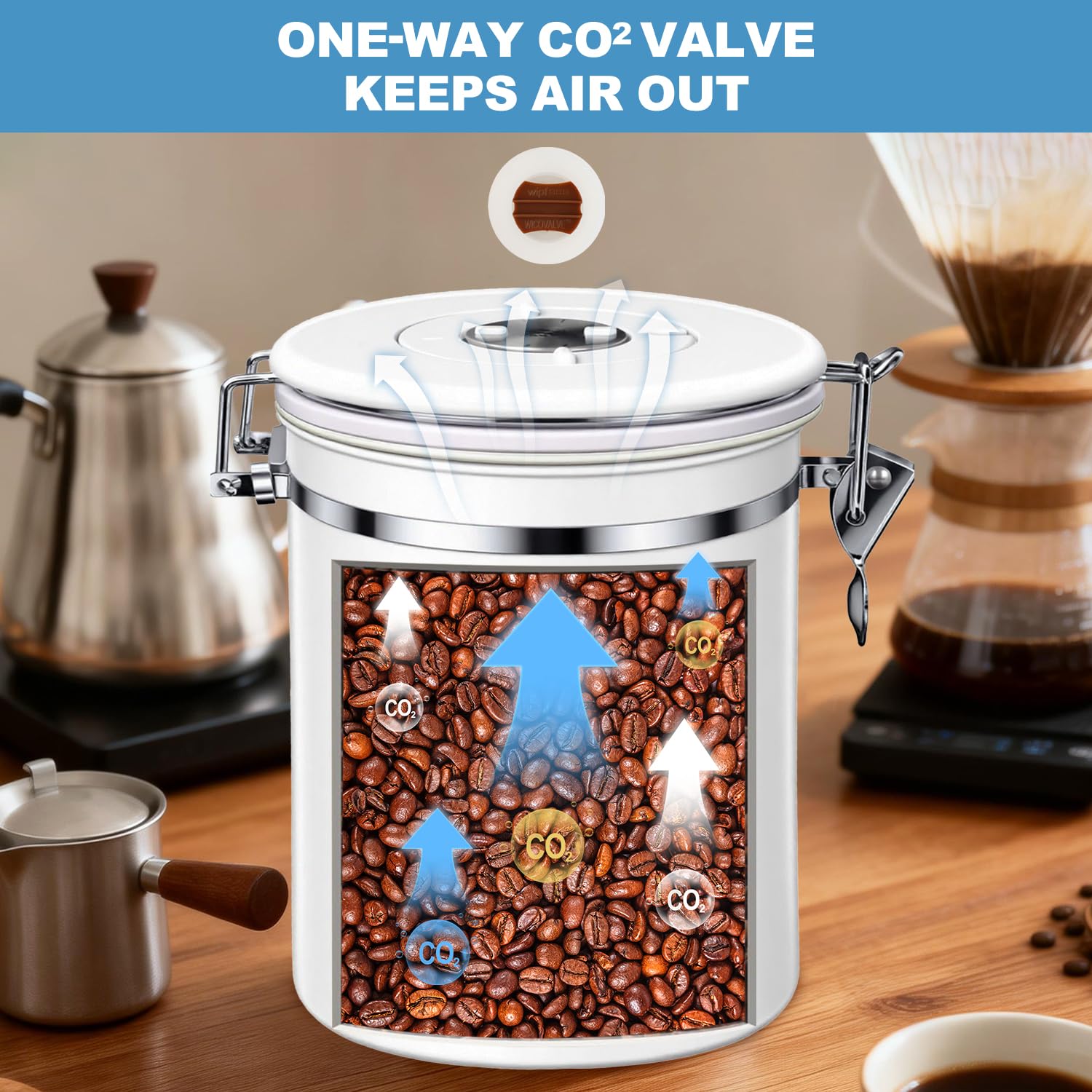 ShanSon Coffee Canister Airtight, Stainless Steel Bean Storage Container with Date Tracker & Scoop, Grounds Sugar Flour Tea Cereal Fits Kitchen Pantry, Ideal Gift for Coffee Lovers,22oz, White
