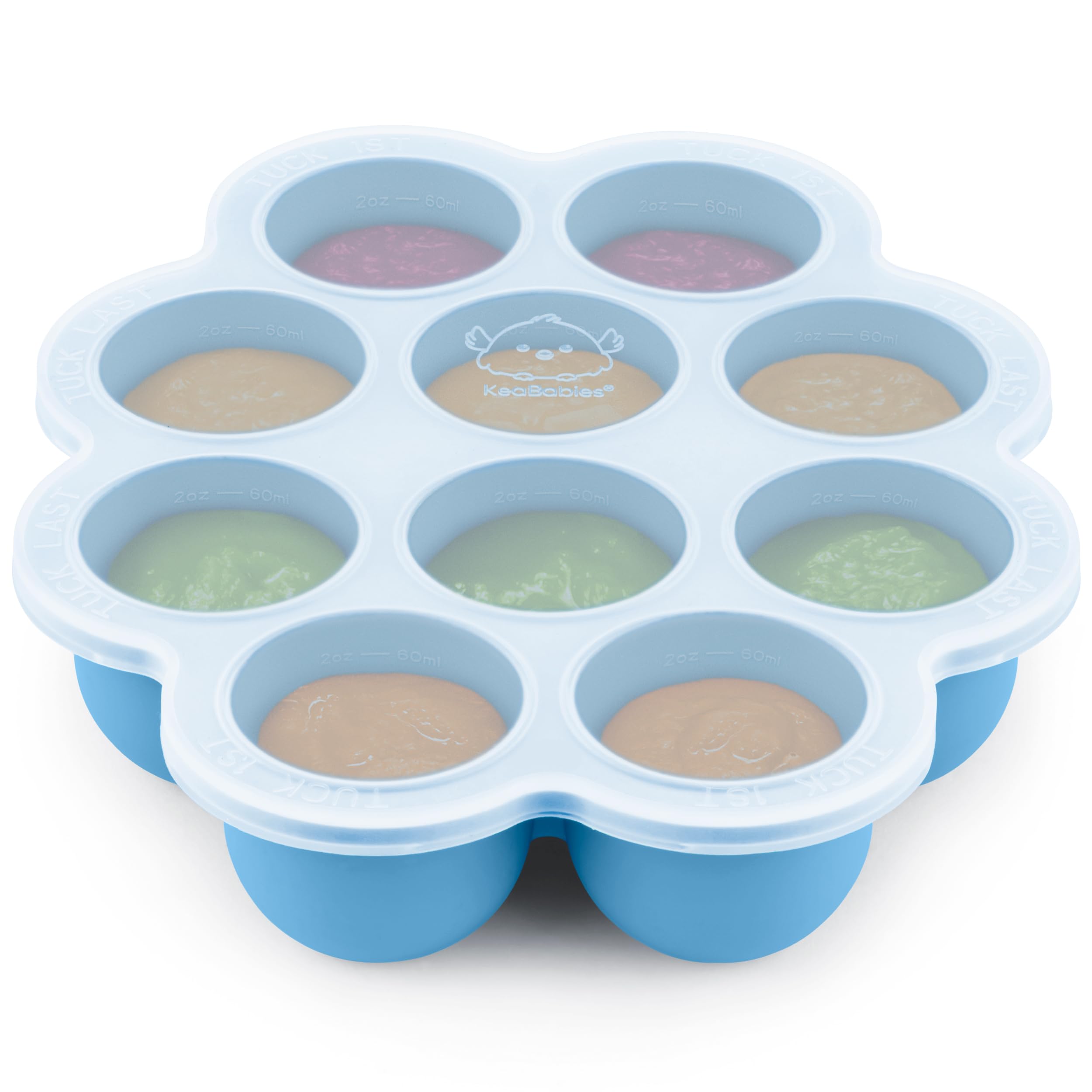 KeaBabies Silicone Food Freezer Trays with Lid, 2oz x 10 Pods (Misty Blue)