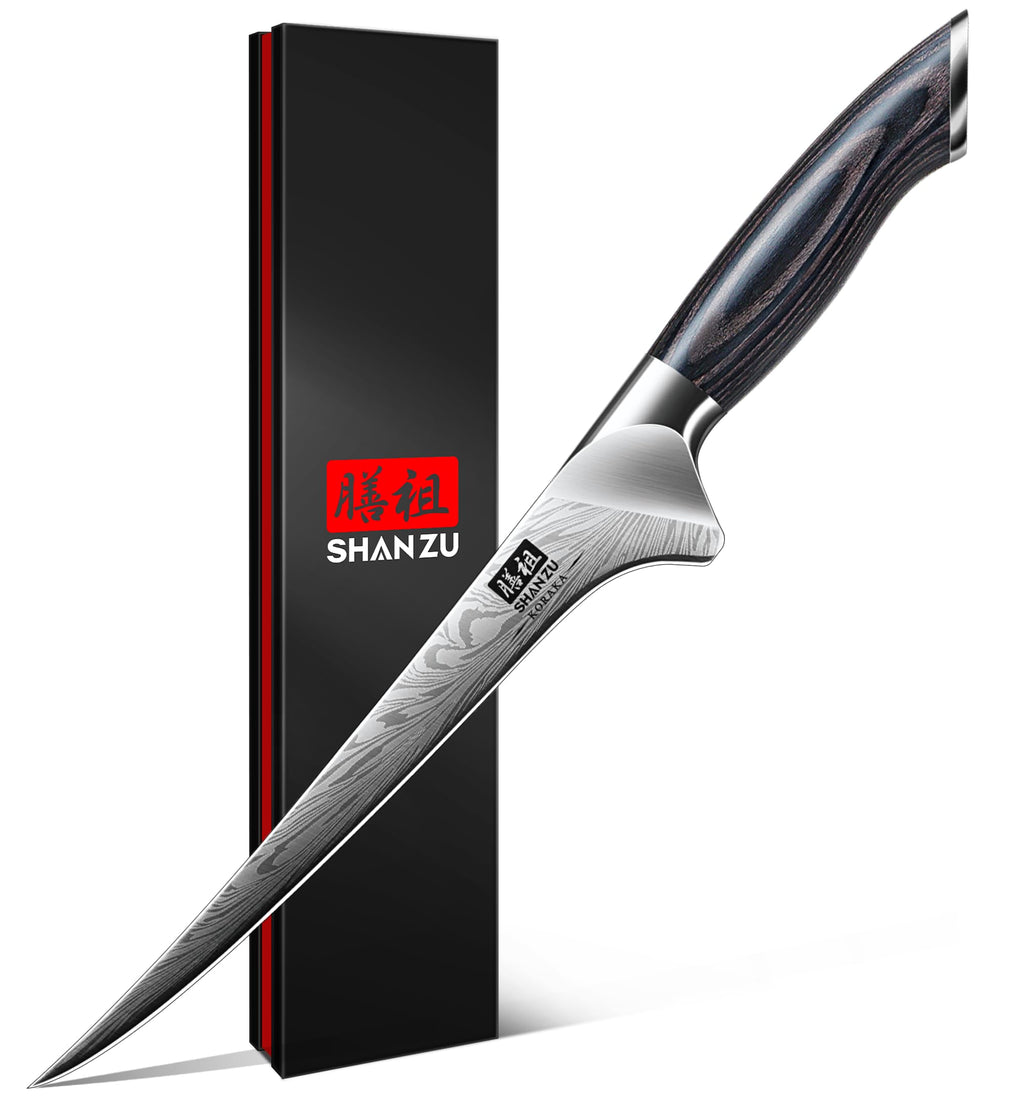 SHAN ZU Fillet Knife 7 Inch, Powder Steel Boning Knife High Carbon Japanese Filleting Knives, Ultra Sharp Deboning Knives for Meat Cutting with Ergonomic Pakkawood Handle
