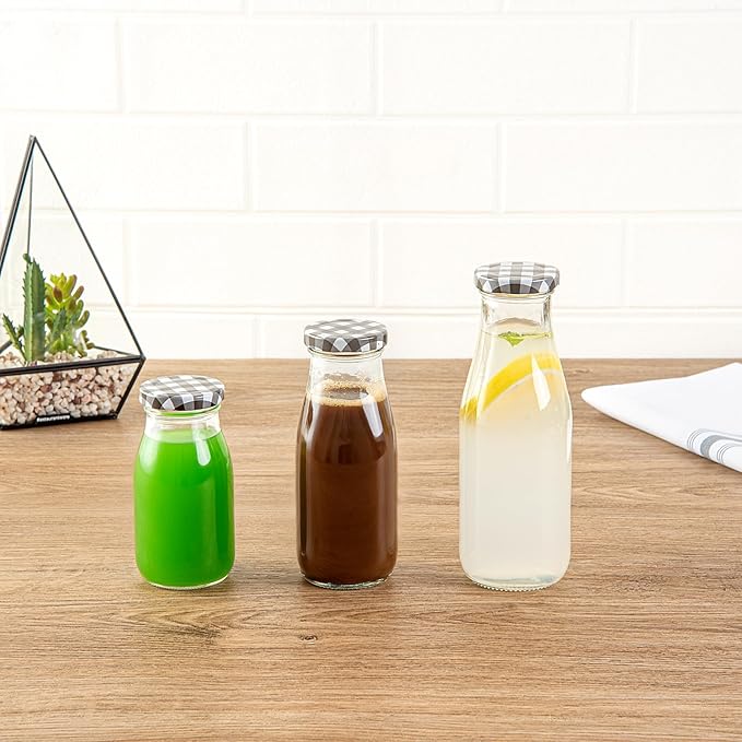 Restaurantware-French Countryside 6 Ounce Glass Bottles, 10 Durable Juice Bottles - With Black Plaid Lid, Dishwashable, Clear Glass Countryside Bottle, For Hot And Cold Beverages