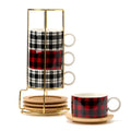 LUKA Porcelain Espresso Cup with Metal Stand,6 Ounce Stackable Ceramic Demitasse Espresso Mugs Cappuccino Cups Set for Latte,Coffee,Cafe Mocha,Tea - Set of 4 (Plaid Red & Gray)