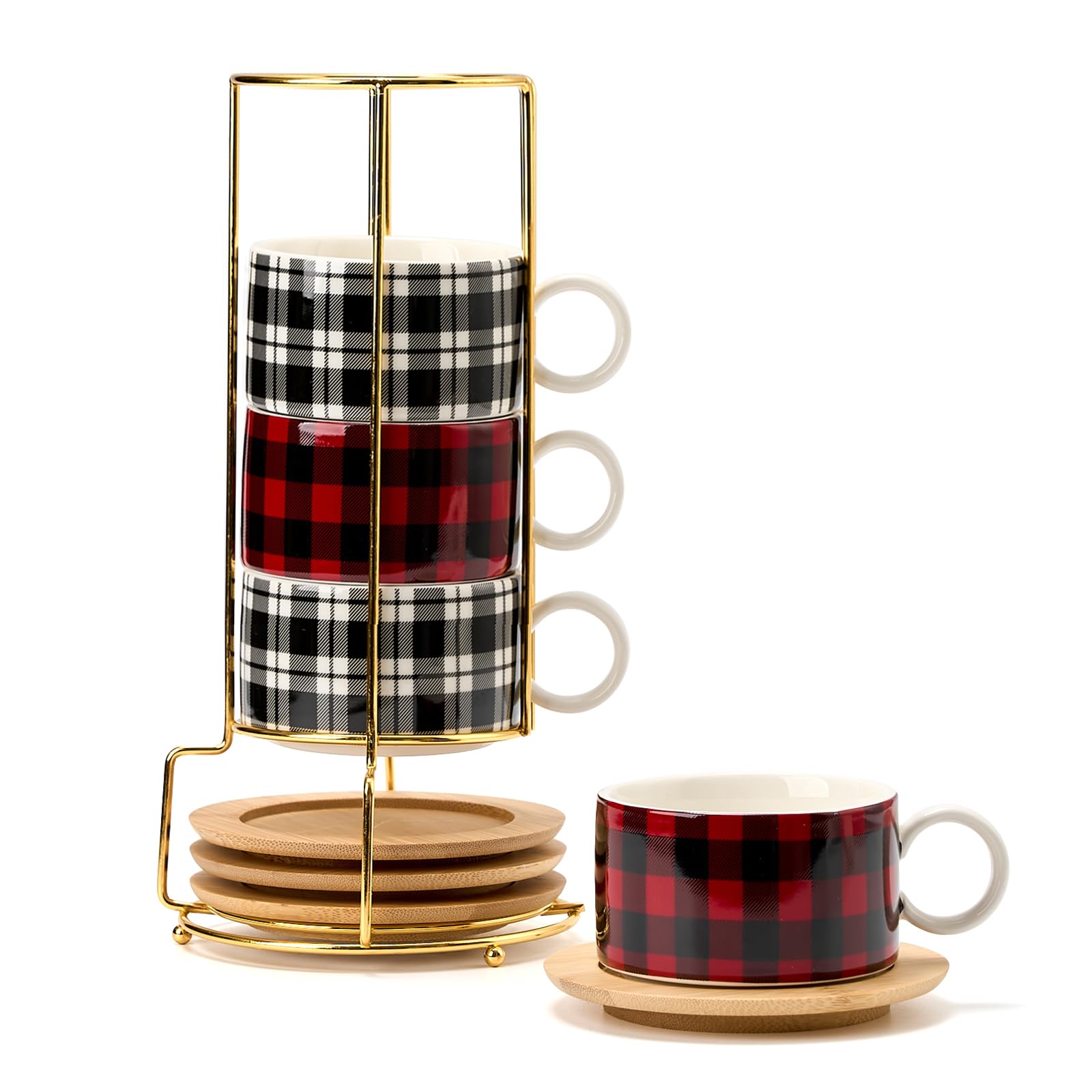 LUKA Porcelain Espresso Cup with Metal Stand,6 Ounce Stackable Ceramic Demitasse Espresso Mugs Cappuccino Cups Set for Latte,Coffee,Cafe Mocha,Tea - Set of 4 (Plaid Red & Gray)