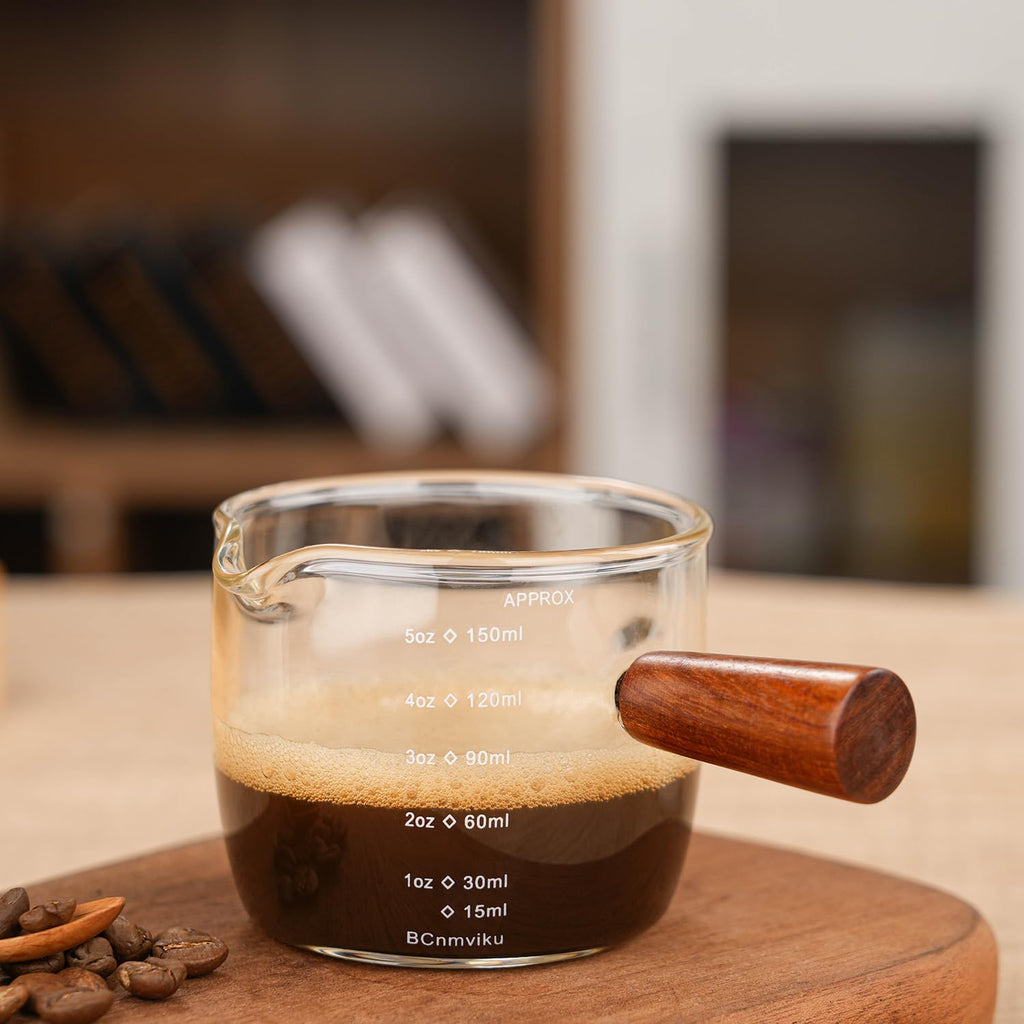BCnmviku Espresso Shot Glass 150ML/5OZ Triple Pitcher Barista Single Spouts With Wood Handle (1)