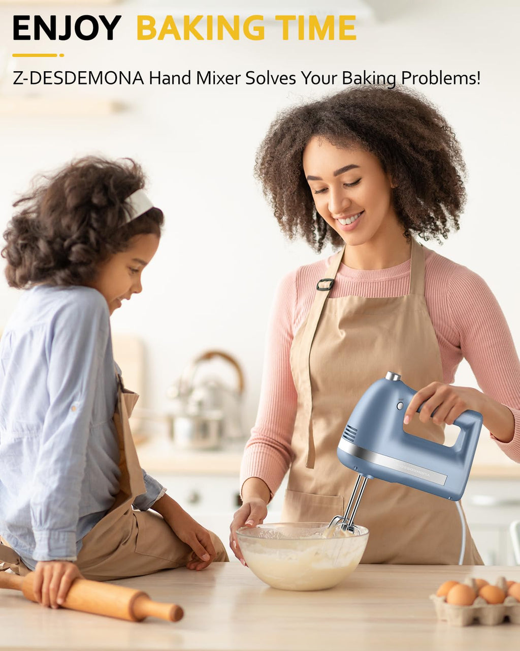 Z-DESDEMONA Electric Hand Mixer, Powerful Hand Mixer Electric Handheld with 304 Beaters, Dough Hook, Whisk, Hand Held Mixer with Turbo for Baking Cakes, Eggs, Cream Food(Blue)