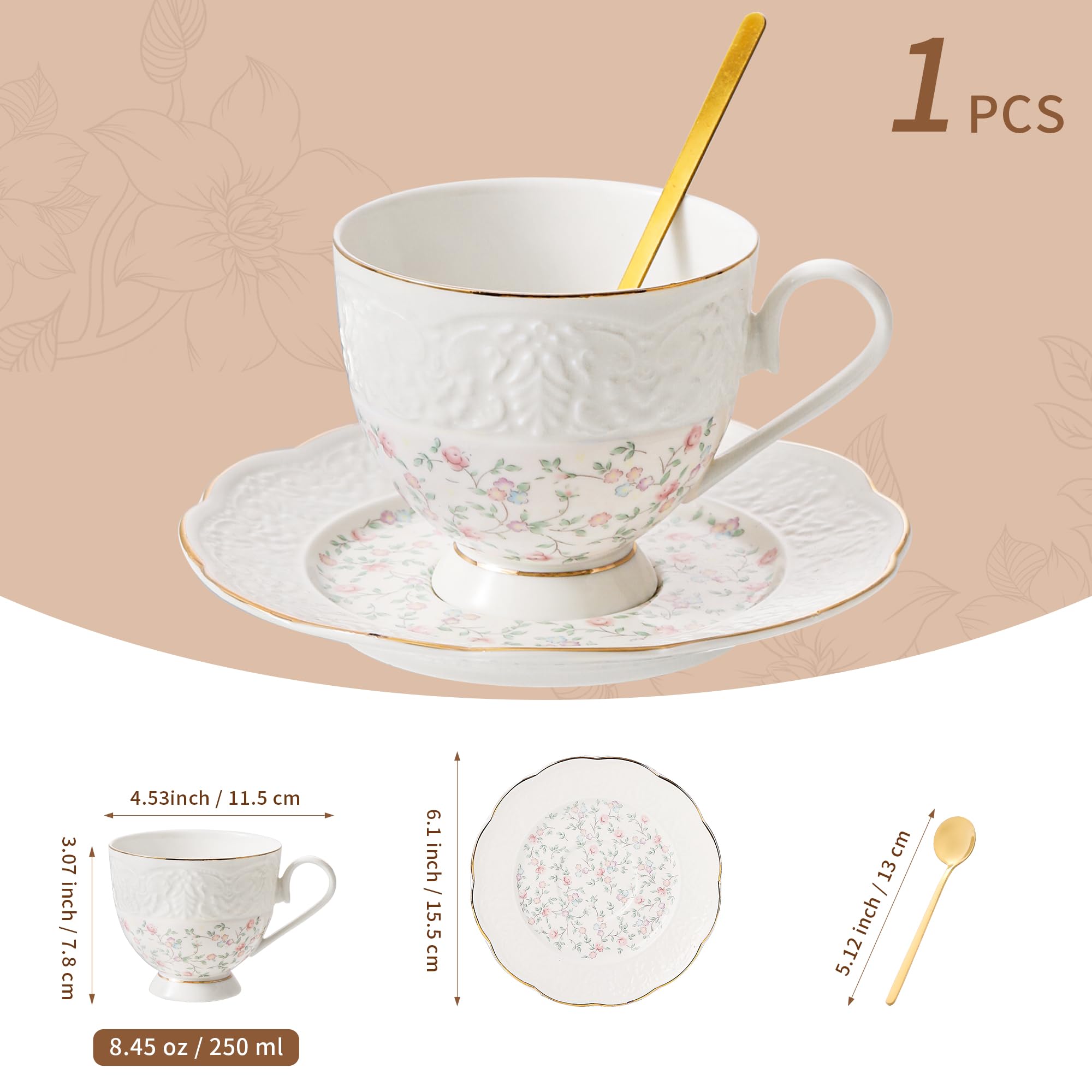 TATSUMI Interglio Embossed Bone China Tea Cup and Saucer Set, 3 Pieces Vintage Style Coffee Cup & Saucer Set For Women Wedding Gift (Starlight Pink, 1 set)