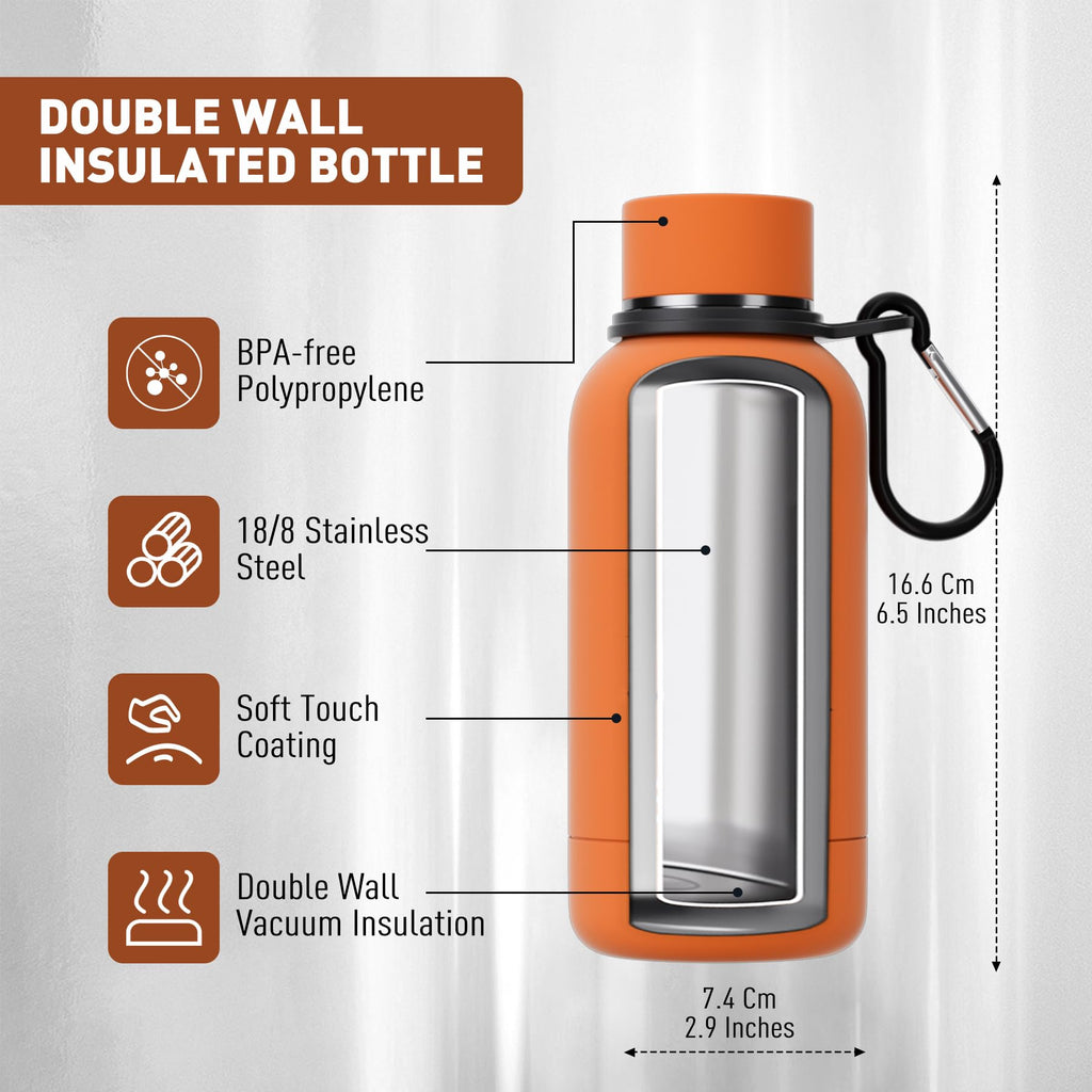 Exllena Small Water Bottle 12oz with Clip, Double Wall Stainless Steel Vacuum Small Insulated Water Bottle Keeps Drinks Cold 24 Hrs/Hot 12 Hrs for Kids Handbag School BPA Free (Bright Orange)