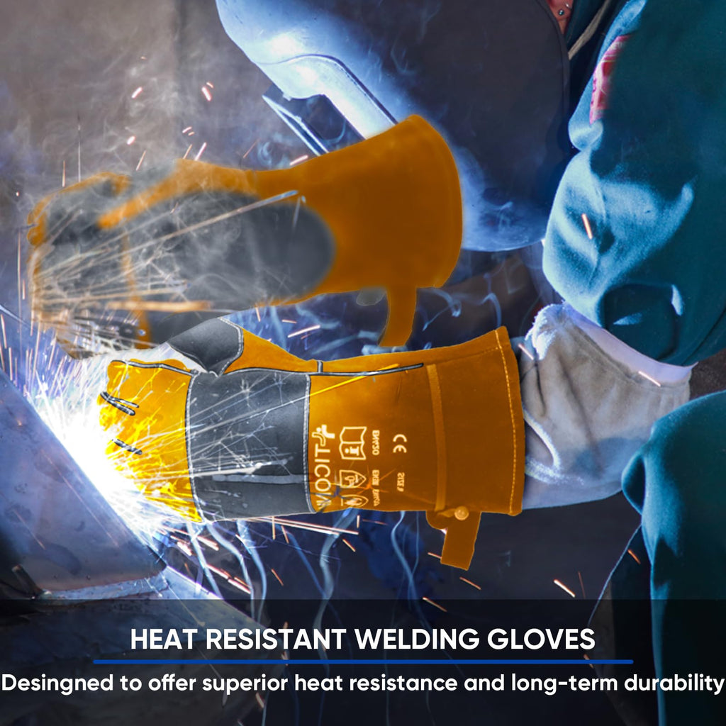 TICONN 16 Inch Welding Gloves, 1000°F Heat-Resistant Fireproof Leather Gloves for Welders, Stick, Forge, Mig, Tig, BBQ, Baking, Oven (Brown/Grey, XXL)