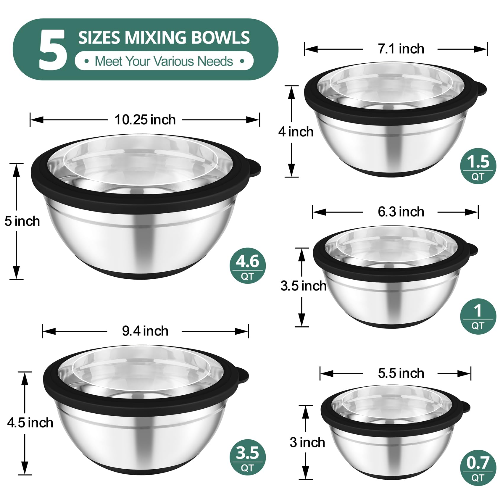 TeamFar Mixing Bowls, Salad Bowls with Transparent Airtight Lids, Black