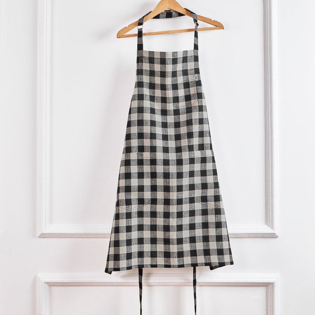 Solino Home 100% Pure Linen Apron, 33 x 30 in, Black and Cream, Bib Apron