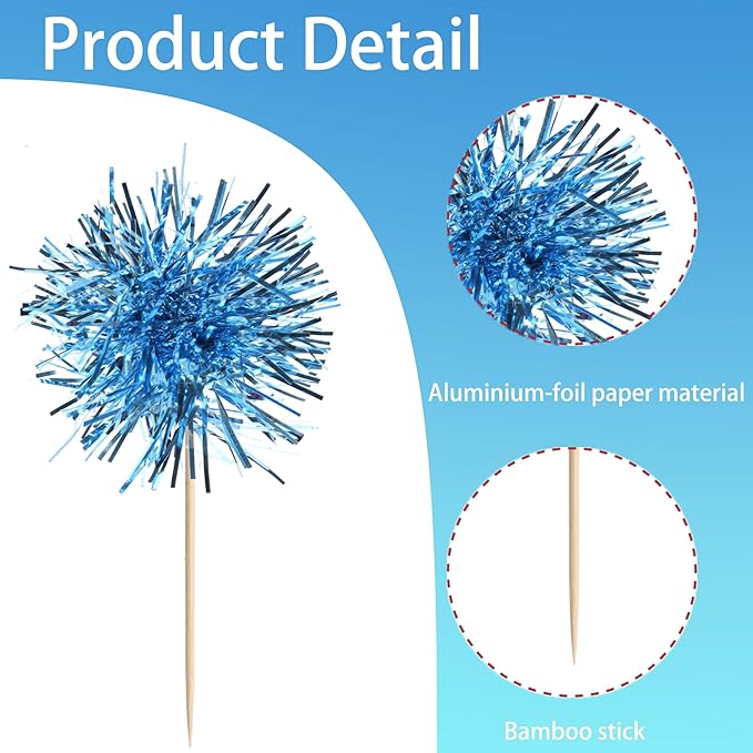 40 PCS Foil Firework Cupcake Toppers Light Blue Sparkler Cupcake Picks Sparkle Tinsel Fireworks Decorations Cocktail Fruit Toothpick for Firework Theme Birthday Wedding Graduation Party Decor Supplies
