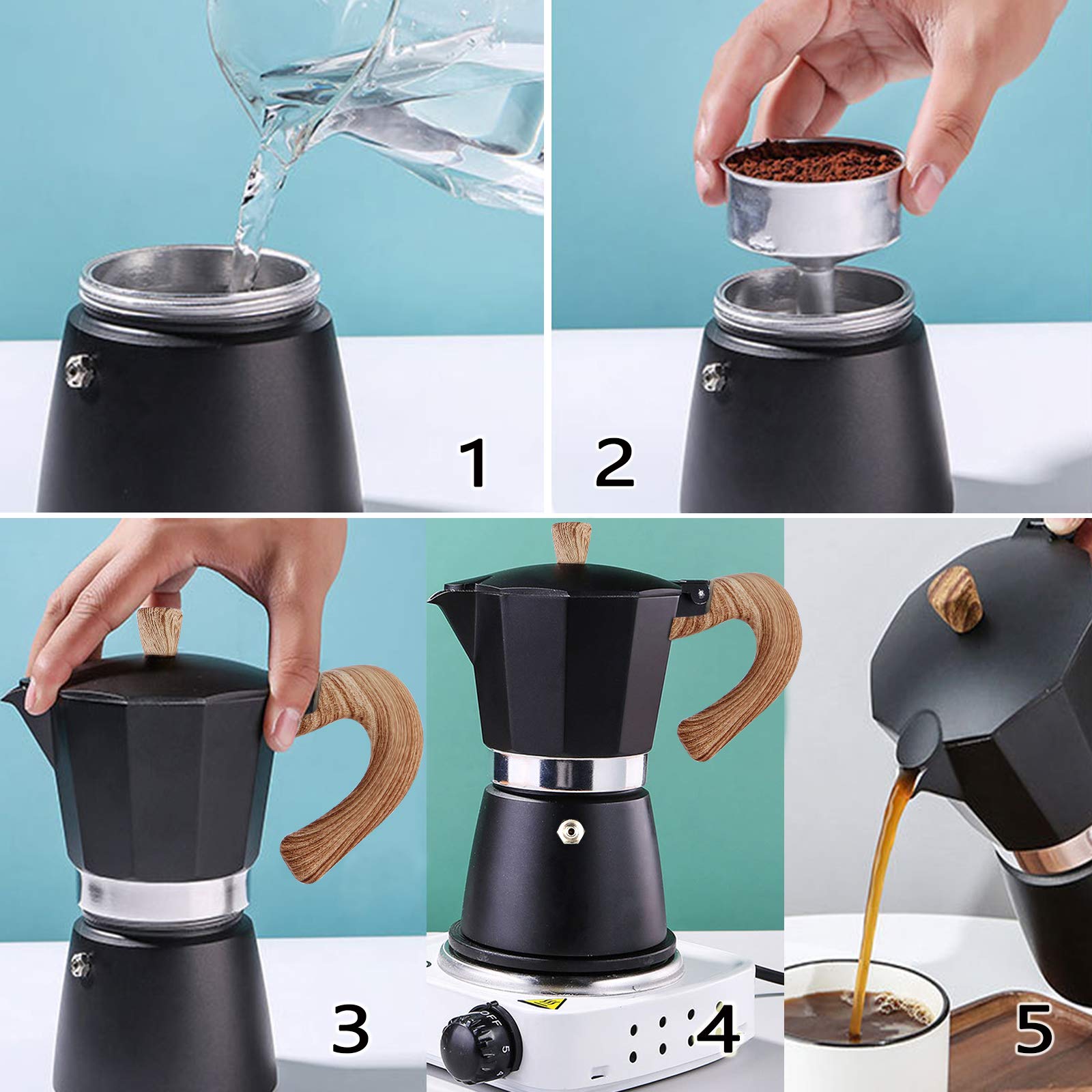 AIFUSI Moka Pot, Italian Coffee Pot 3 Cup/5 oz Stovetop Espresso Maker Stovetop Camping Manual Cuban Coffee Percolator Machine Italian Espresso Greca Coffee Maker Brewer Percolator