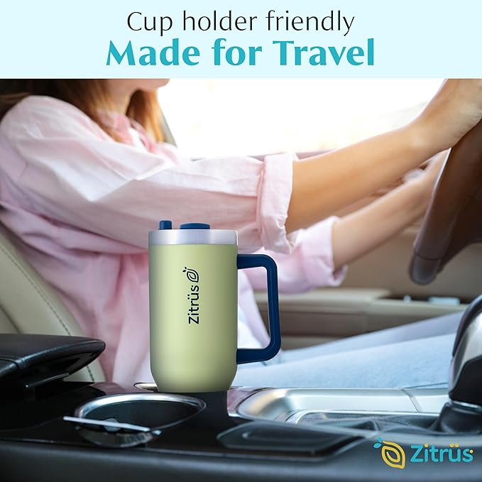 40 oz Tumbler with Handle and Straw | Leak Proof Insulated Stainless Steel Water Bottle Travel Mug Fits in Cup Holder | Keeps Cold Hot | Gifts for Women Men Him Her (Pastel Green, 40 oz)
