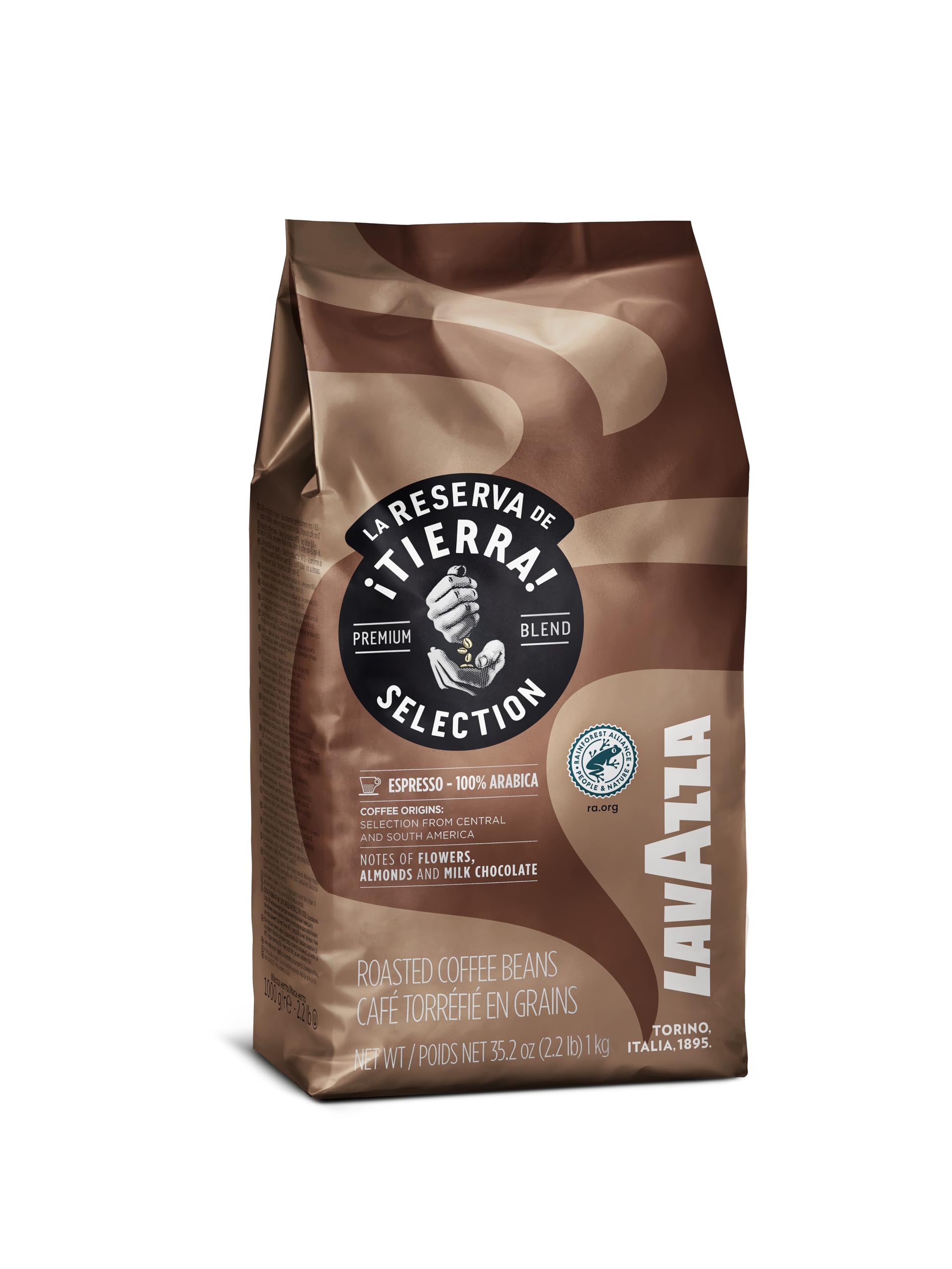 Lavazza Tierra! Selection Whole Bean Coffee Blend, Medium Roast, 2.2LB Bag, 100% Arabica, Rainforest Alliance Certified, sustainably grow