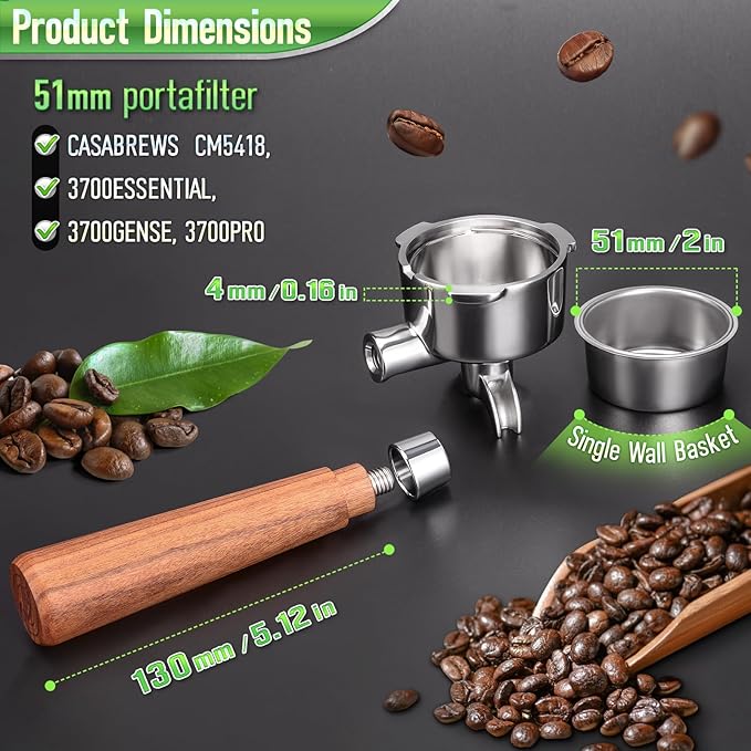 51mm Portafilter for CASABREWS 3700/CM5418, Dual Spout Espresso Handle with Siam Rosewood Grip & 304 Stainless Steel Basket