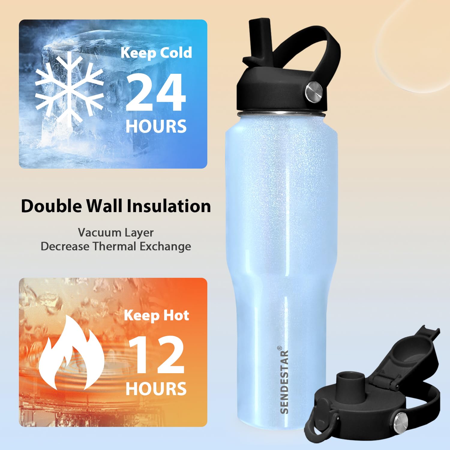 SENDESTAR 32oz Stainless Steel Water Bottle(Cold for 48 Hrs, Hot for 24 Hrs),Double Wall Vacuum Insulated Bottle with Straw Lid, Spout Lid and Flex Cap, Fit in Any Car Cup Holder
