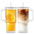 INSETLAN 24 oz Ribbed & Floral Glass Tumblers with Handle, Set of 2 Cups