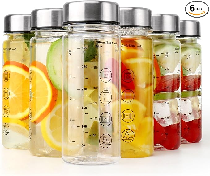 6 Pack Juice Bottles with Caps - Wide Mouth Resuable Clear Plastic Water Bottles for Juicing,Smoothie,Protein, Beverage,Storage Containers,BPA Free,Leakproof Stainless Steel Lid(12 Ounces)
