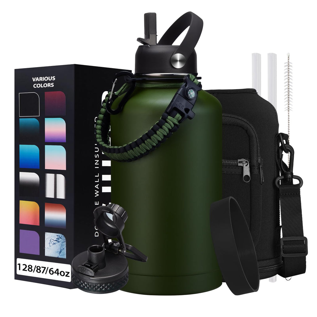 64oz Insulated Water Bottle with Straw & Auto Spout Lid - (Cold 48H & Hot 24H) Half Gallon Stainless Steel Water Jug with Paracord Handle, Metal Tactical Military Water Flask with Carrier Strap Bag