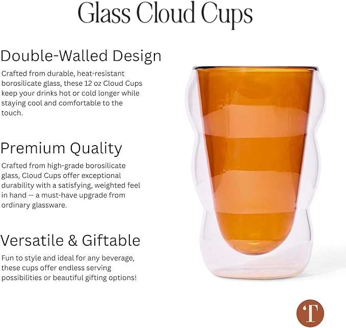 Glass Cloud cups 12 oz Double Wall Insulated Glass Cups - heat-resistant borosilicate glass -perfect for iced teas, lattes, and all your favorite sips (Clear)