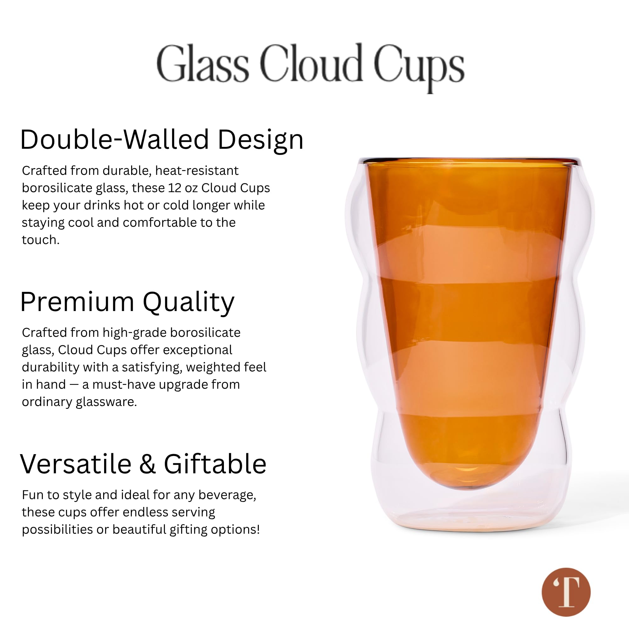 Teaspressa White Glass Cloud Cup 12 oz Double-Wall Insulated Borosilicate Glass – Heat-Resistant – Ideal for Hot or Iced Tea, Lattes, Coffee & More – Minimalist Design – Great Gift