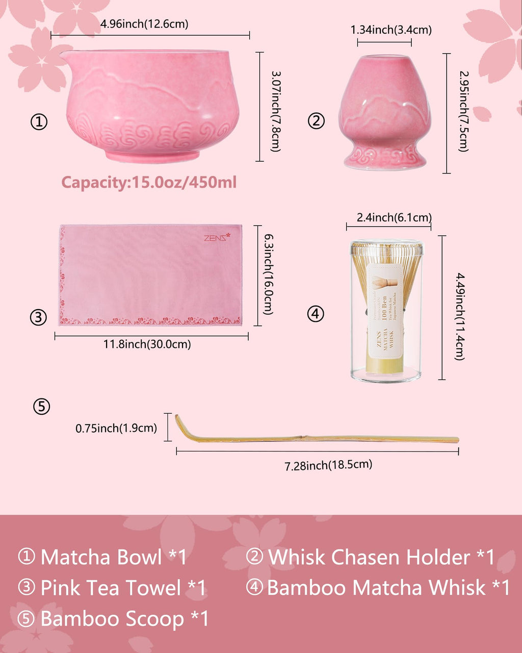 ZENS Pink Matcha Set, Matcha Whisk Set Includes Ceramic Bowl, Matcha Whisk and Chasen Holder, Bamboo Scoop-Tea Towel, 5pcs Matcha Kit Set for Matcha Lovers, Sakura Pink