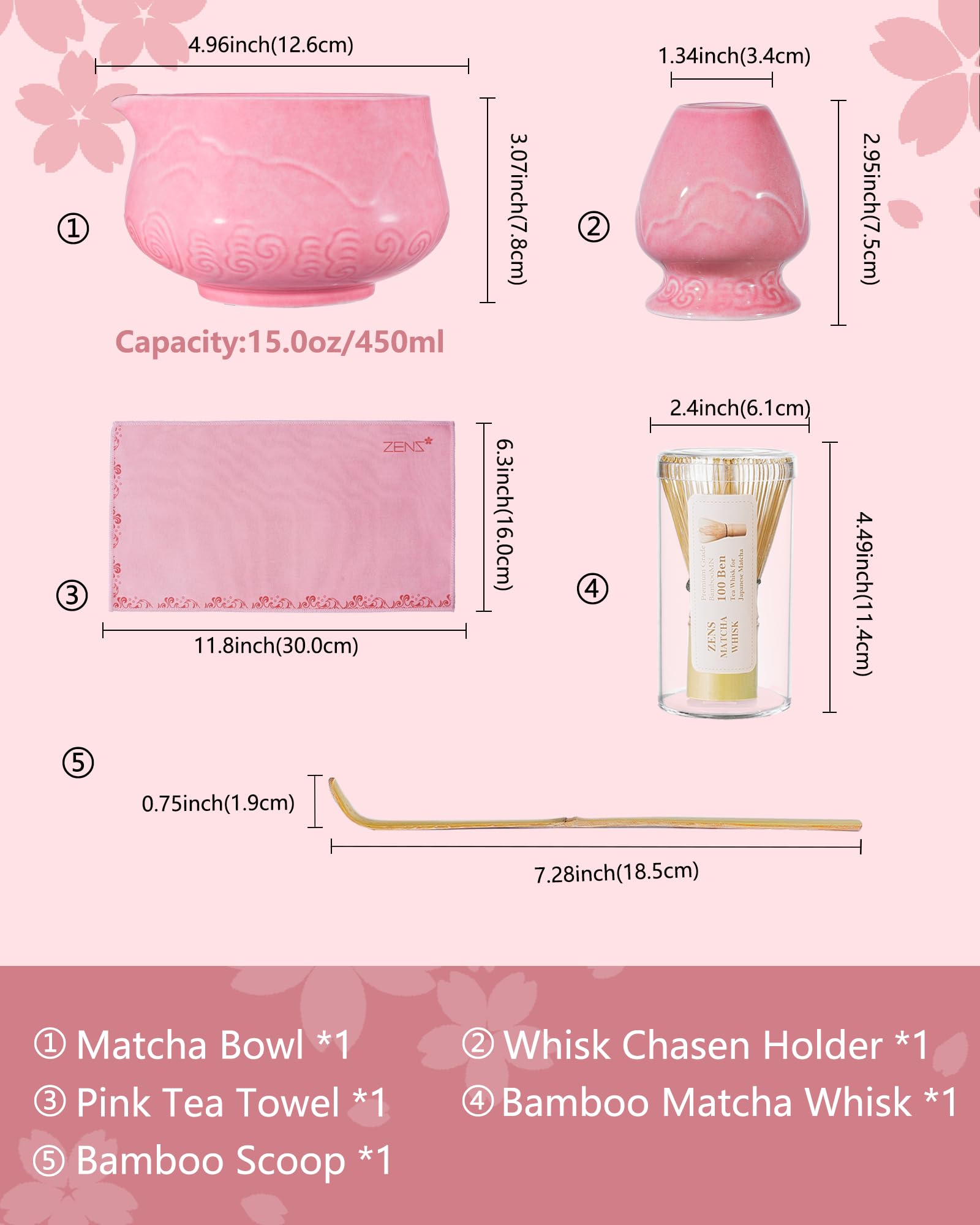 ZENS Pink Matcha Set, Matcha Whisk Set Includes Ceramic Bowl, Matcha Whisk and Chasen Holder, Bamboo Scoop-Tea Towel, 5pcs Matcha Kit Set for Matcha Lovers, Sakura Pink