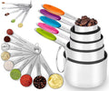 16PCS Stainless Steel Measuring Cups & Spoons Set, Nesting Cups with Silicone Handles, 5 Metal Measuring Cups, 6 Round Spoons and 5 Mini Spoons for Cooking & Baking